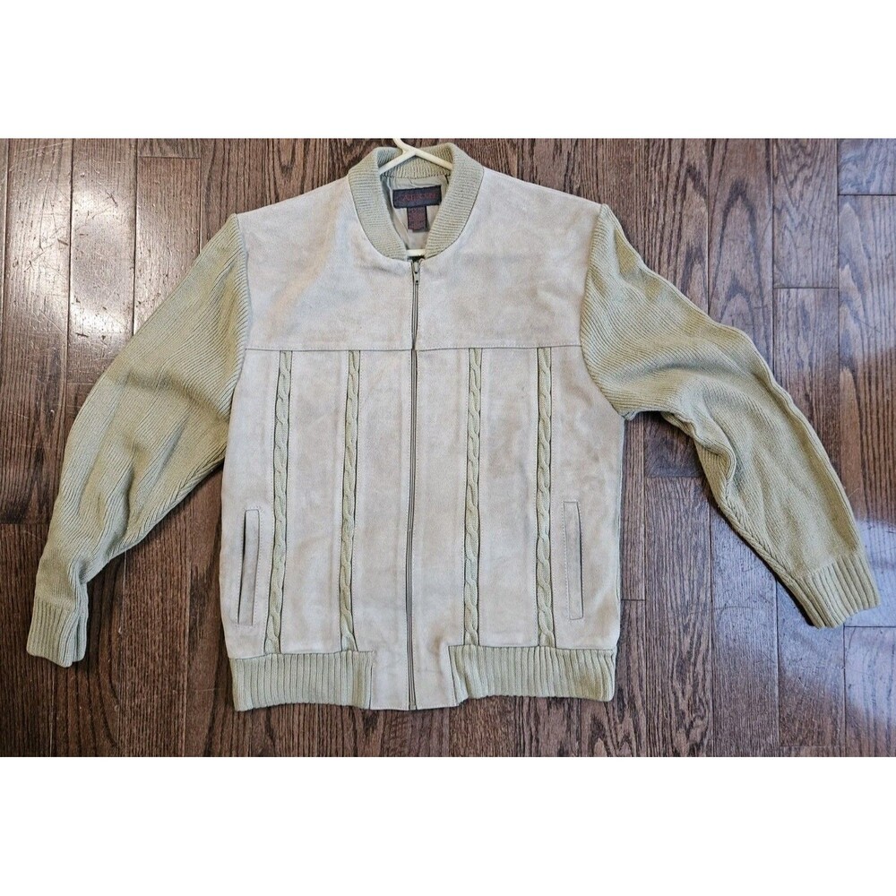 Vintage Gatehouse Suede & Cable Knit Jacket Full Zip Size Large Beige Leather